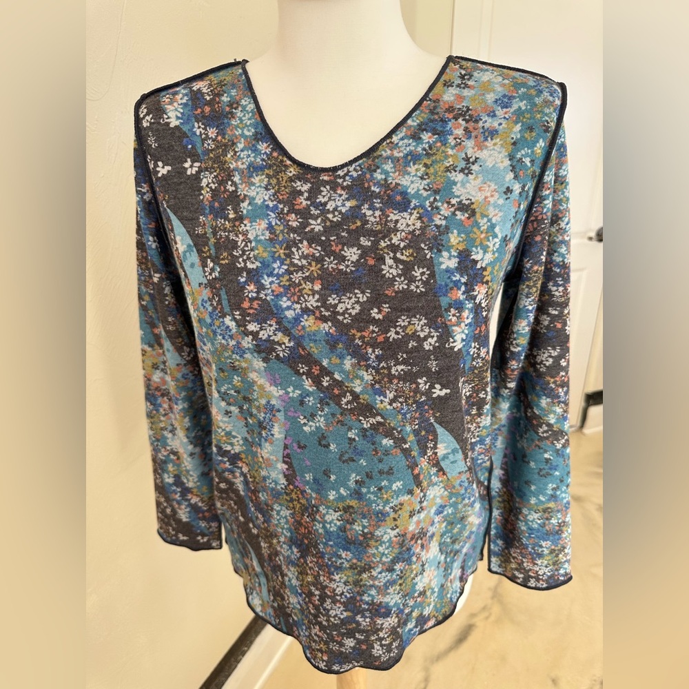 Trisha Tyler Abstract Floral Top XS Teal Brown Stretch Knit Long Sleeve